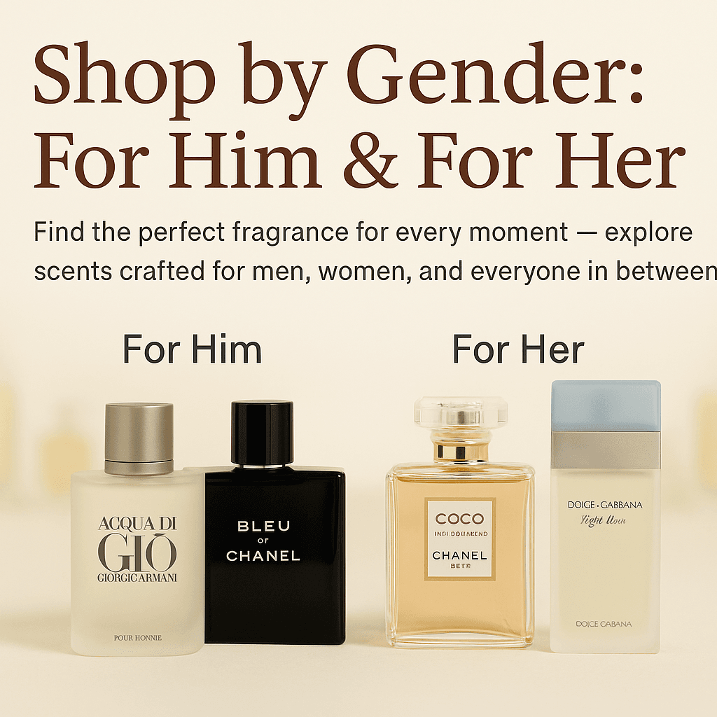 Shop by Gender section with men's and women's fragrances on a light gold background